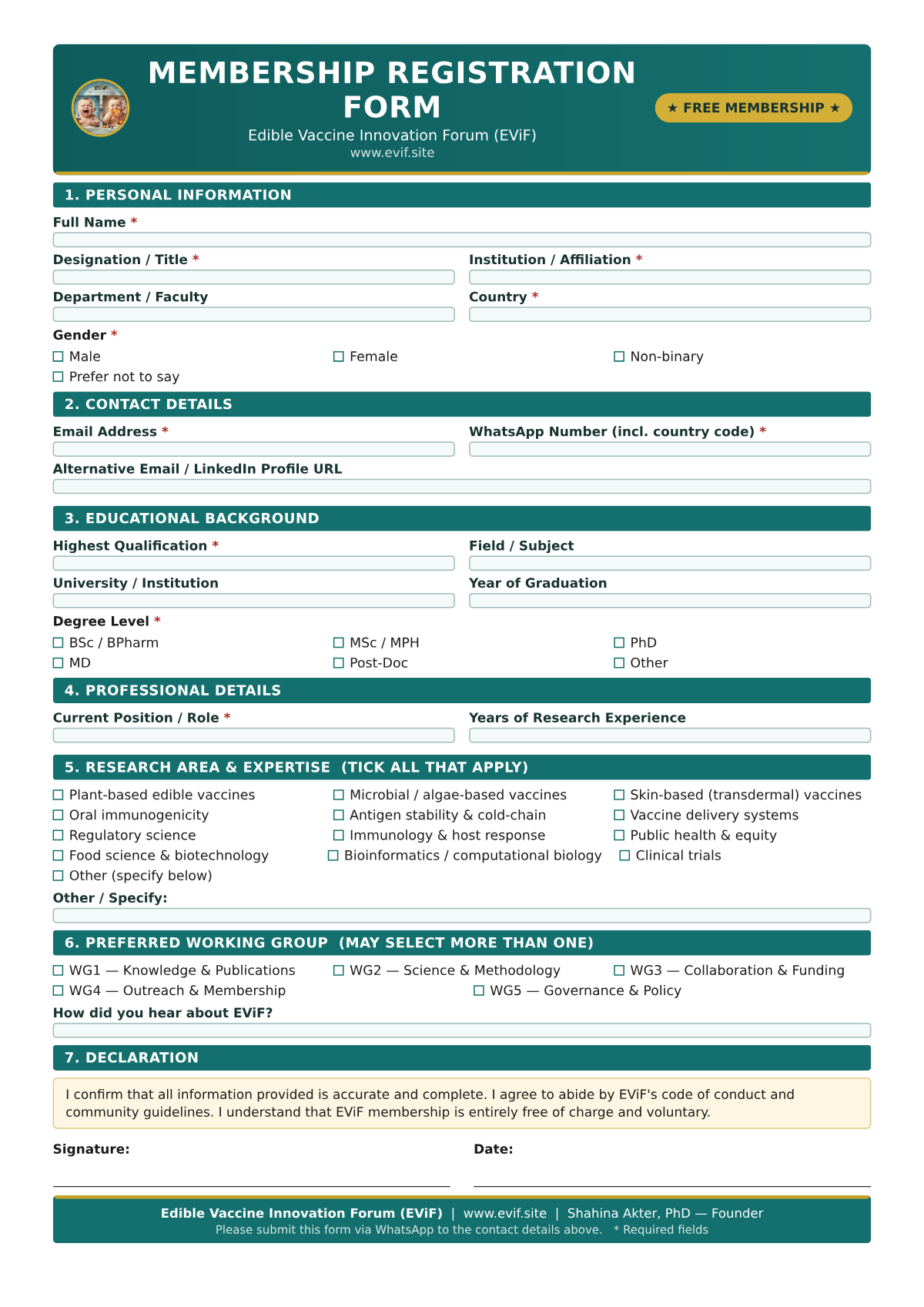 Preview of the official EVIF membership form